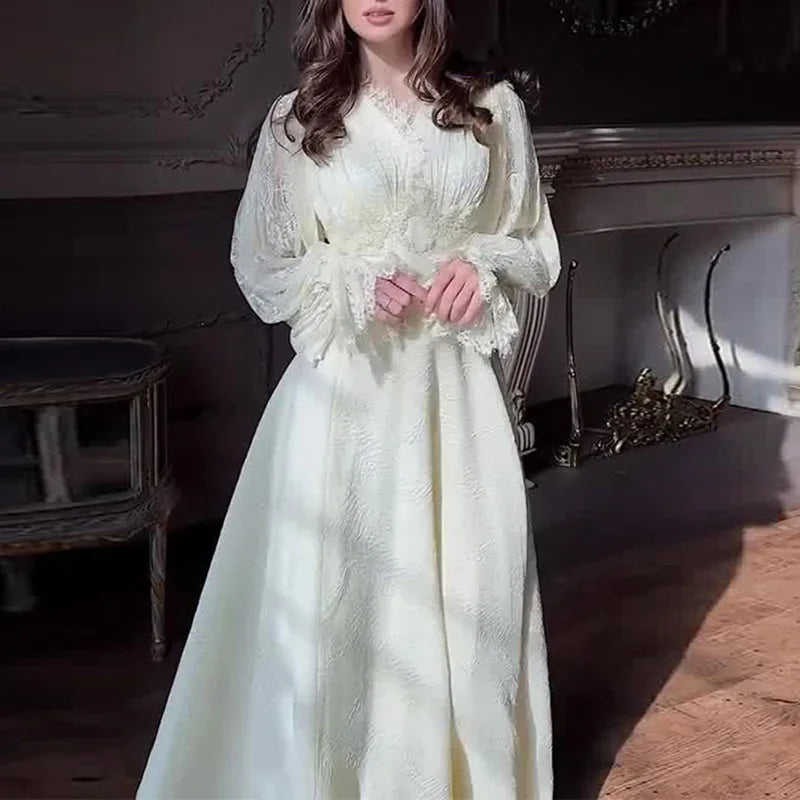 French Sexy Lace Embroidered Jacquard Dress Woman V Neck High Waist Crochet Evening Dresses Autumn Puff Sleeve Tie-up Maxi Dress