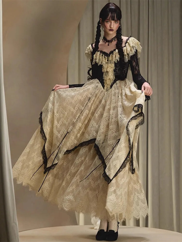 Parisian Lace Maxi Dresses Women Vintage Elegant Slim Luxury Lace Fishbone Dress Birthday Party Evening Dresses