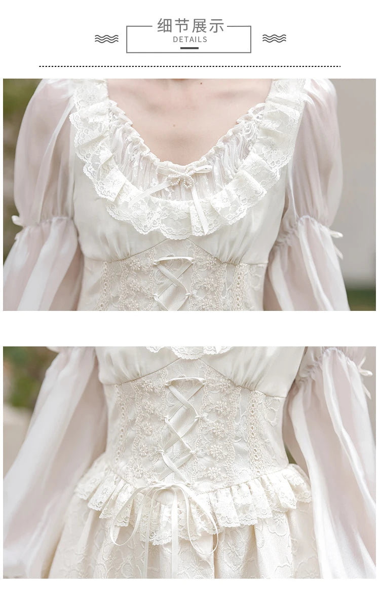 French Fairy Lantern Sleeve Midi Dress for Women Summer Elegant Retro Slim Sweet Party One Piece Dress Korean Casual Clothes