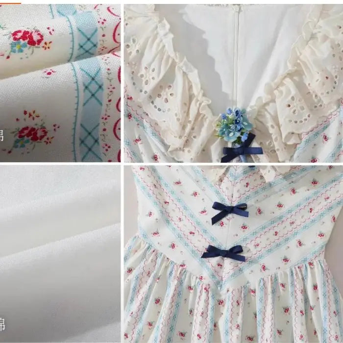 Parisian Cotton Lace Trimmed Women Dress Three Quarter Flare Sleeve Long Maxi Ladies V-Neck XS-XL Vintage High Waist Printed 2026