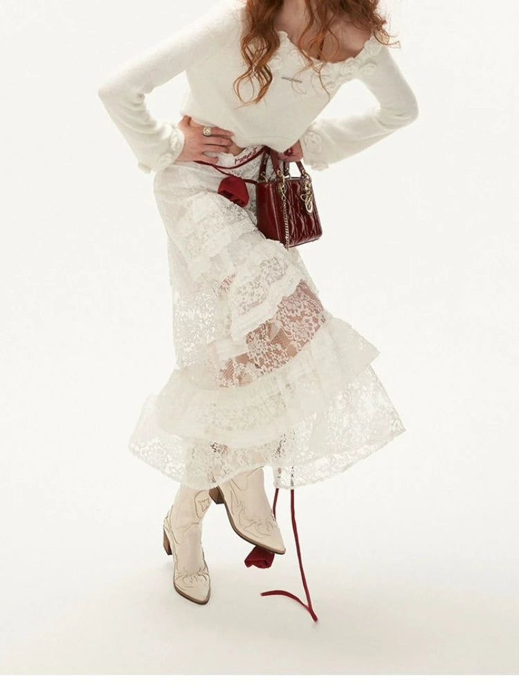 Elegant Fairycore Lace Long Skirts Women Boho Irregular Tulle Layered Skirt Vintage White See Through Holiday Skirts