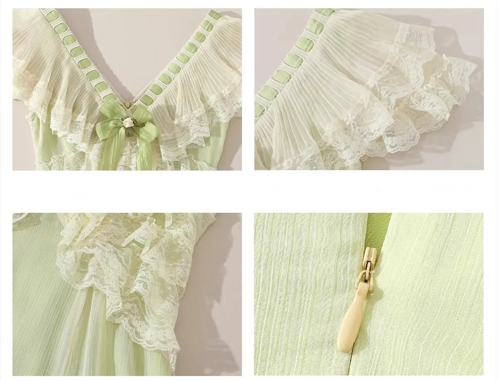 The Spring Meadow Butterfly Lace Gown | French Pastoral V-Neck Midi | Empire Waist Princess Dress | Parisian Princess