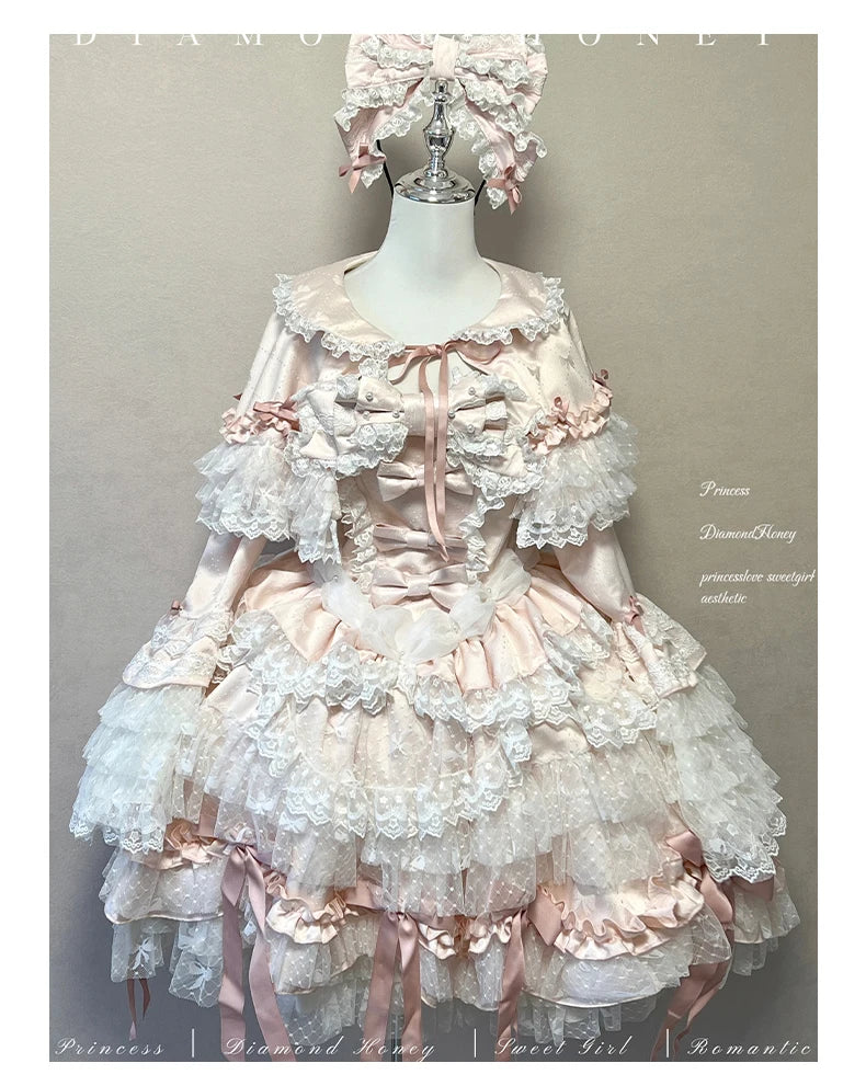 Pink Lolita Princess Dress Women's Bow Lace Heavy Industry Sweet Elegant Birthday Party Evening Dress Lady Suspender Dress Cloak