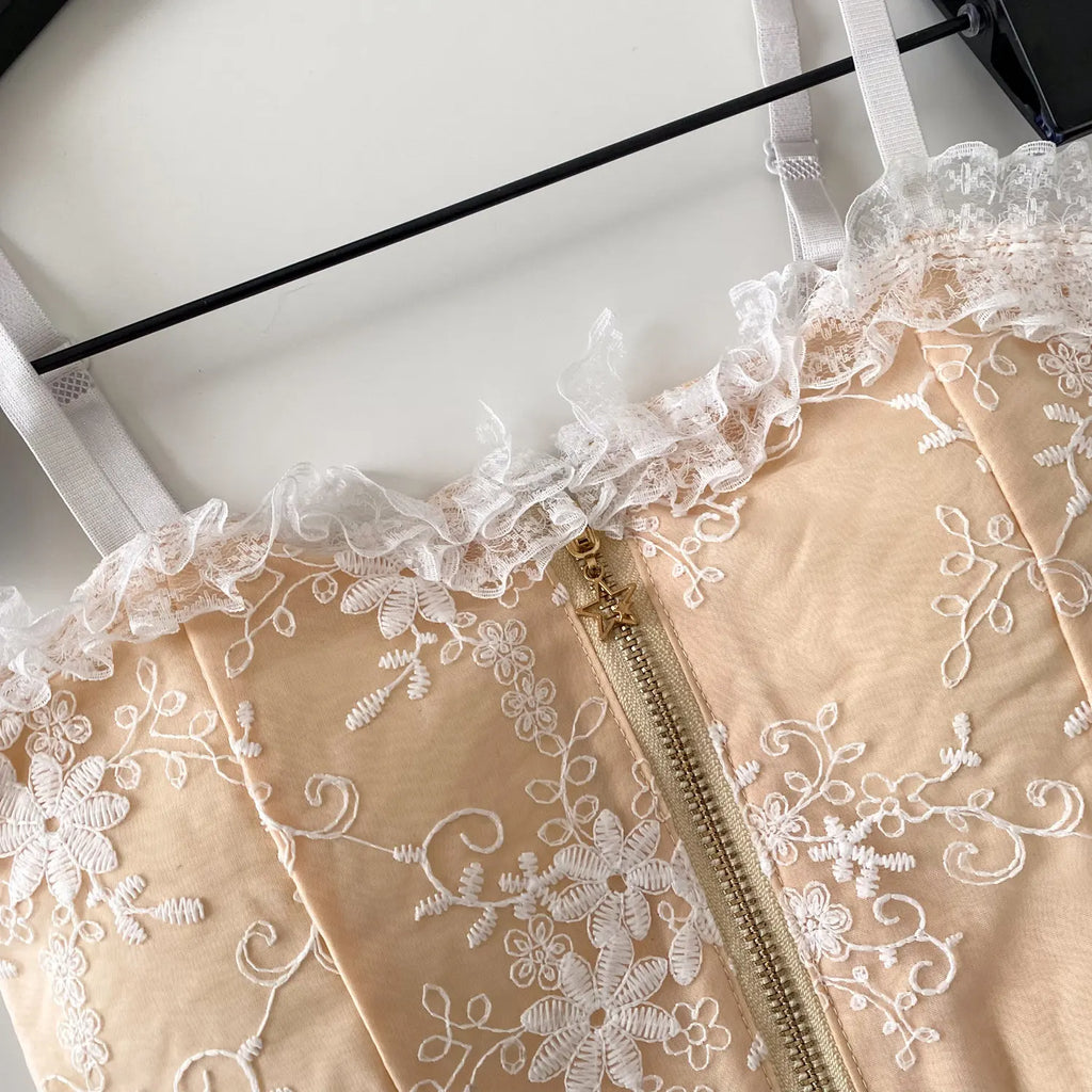 The Trianon Tiered Lace Cami | Embroidered Sleeveless Tank Top | Stretchy Slim Zipper Lingerie Top | Parisian Princess