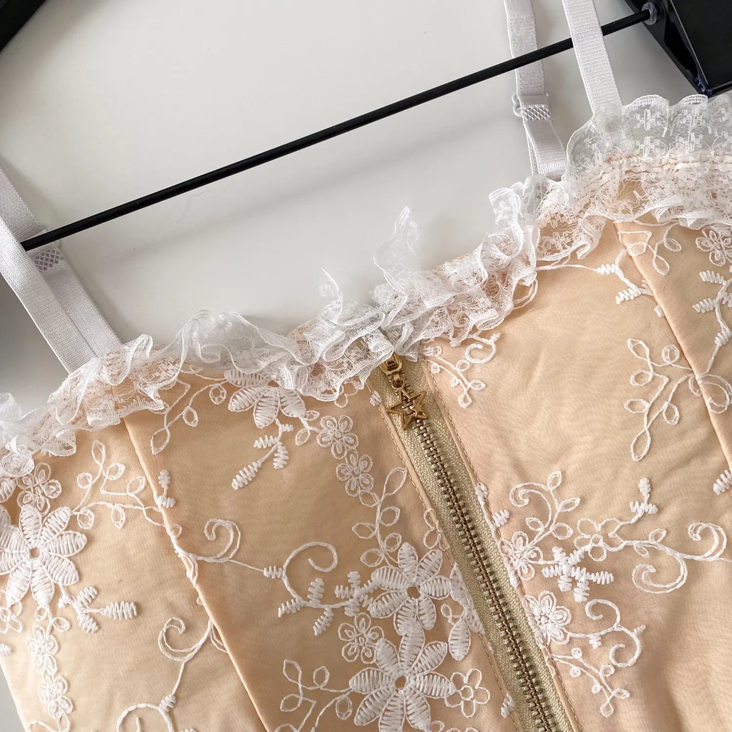 The Trianon Tiered Lace Cami | Embroidered Sleeveless Tank Top | Stretchy Slim Zipper Lingerie Top | Parisian Princess