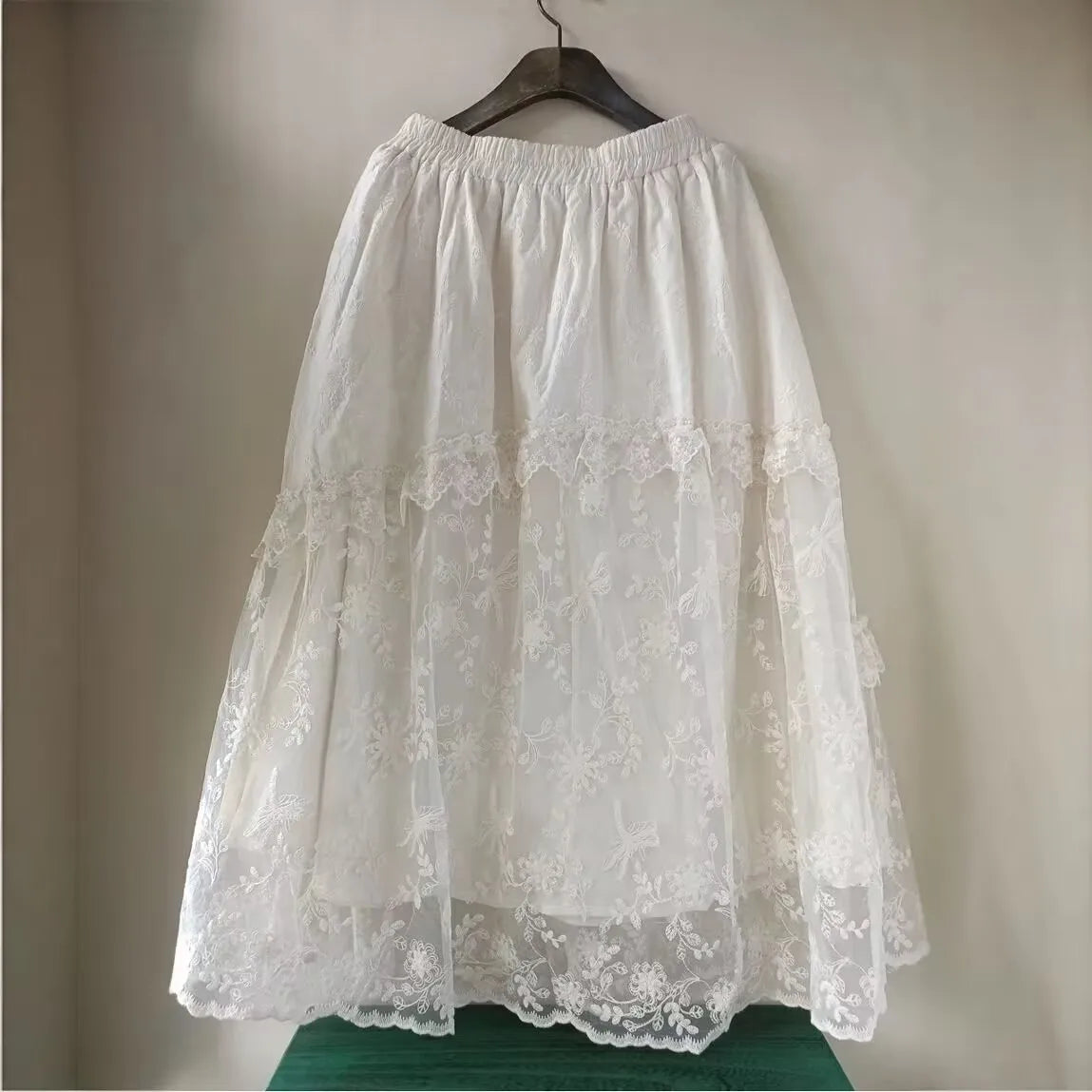 Sweet Lace Fraises Embroidery Long Skirt | French Vintage Ruffled High Waist Pleated Skirt | Parisian Ruffles Palace | Parisian Princess