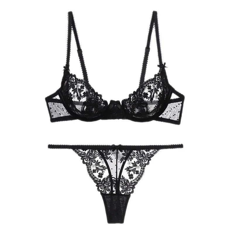 The Jardin Floral Lace Bra & Brief Set | Push-Up Underwire 3/4 Cup | Lace Lingerie | Black & White | Parisian Princess