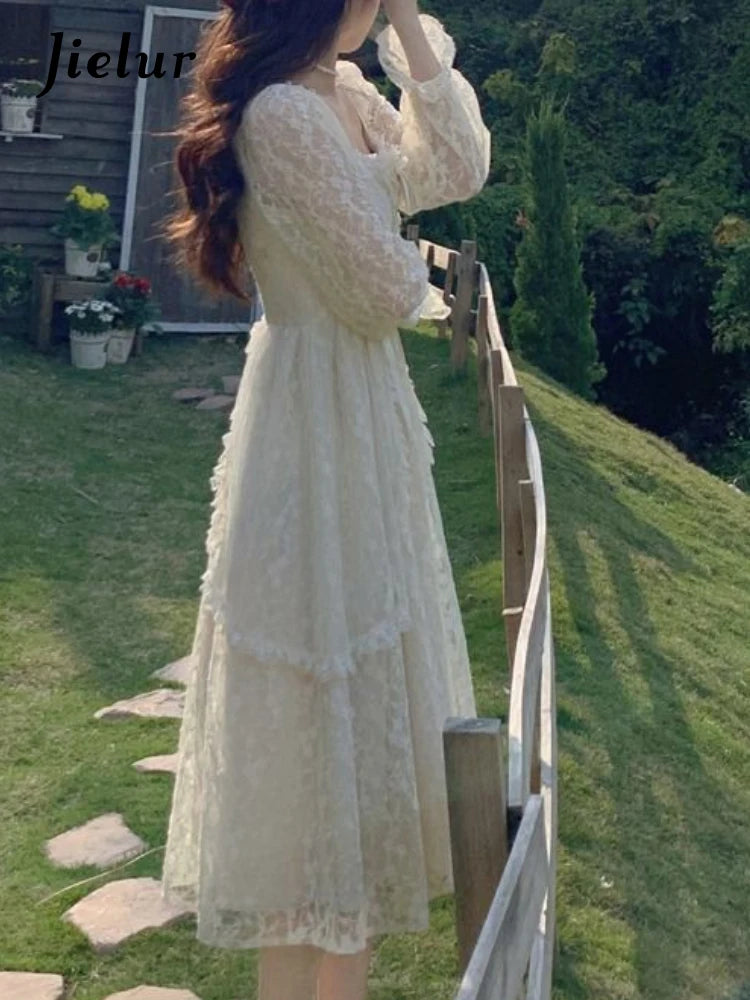 French Vintage Dress Women Summer Long Sleeve Elegant Party Midi Dress Female Casual Retro One Piece Dress Casual