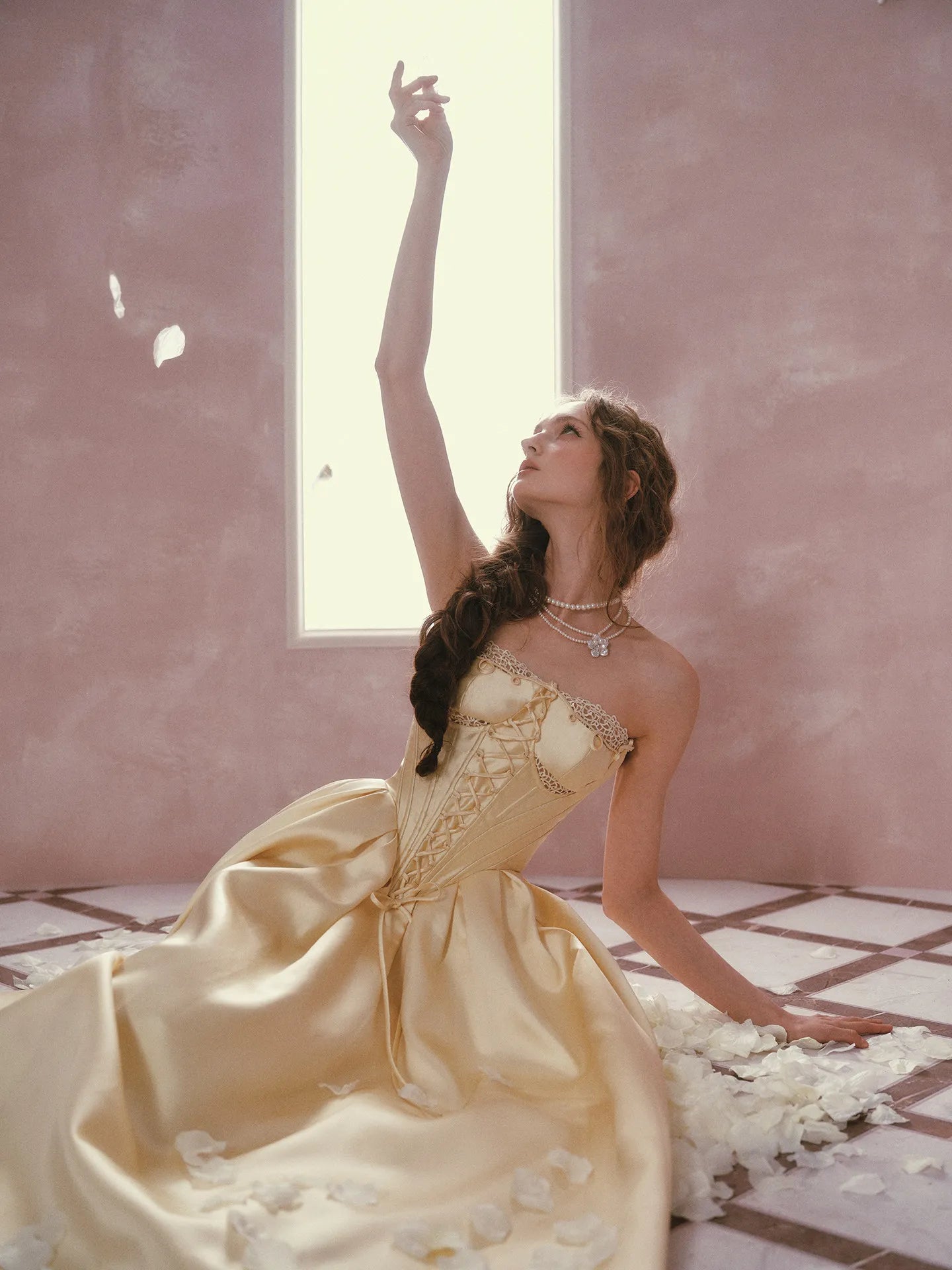 The Lemondrop Love Belle Gown | French Chic Elegant Slim Lace Corset Dress | Strapless Empire Waist Satin Maxi | Parisian Princess
