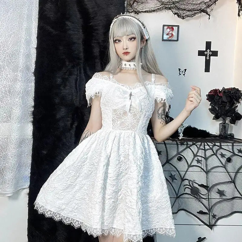 Gothica Lace Short Dress Women Cobweb Patchwork Short Sleeve Cold Shoulder Halloween Outfit Horror Ruffle Trim Costume