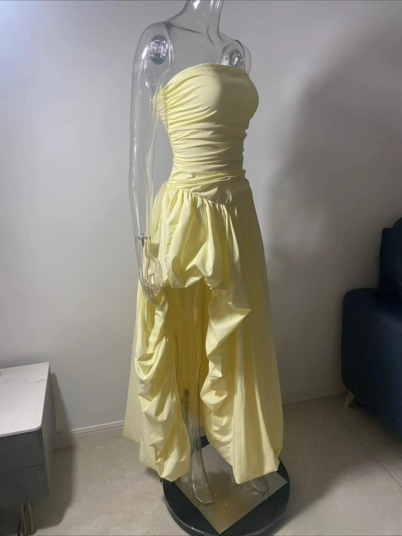 The Trianon Lemon Gown | French Temperament Irregular Lace Pendulum Dress | Yellow Tube Top High-Waist Fit & Flare Maxi | Parisian Princess