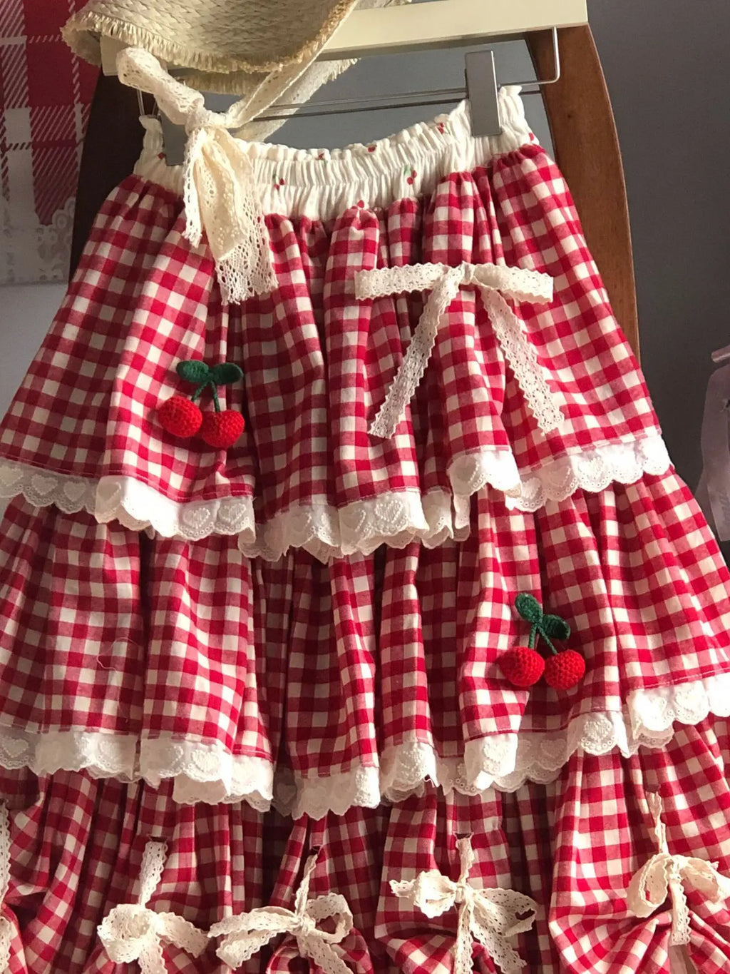 Sweet Multi-Layered Ruffle Cake Skirt Women's Parisian Cottagecore Cherry Design Lace Half Skirt Fresh And Cute Style Midi Skirt