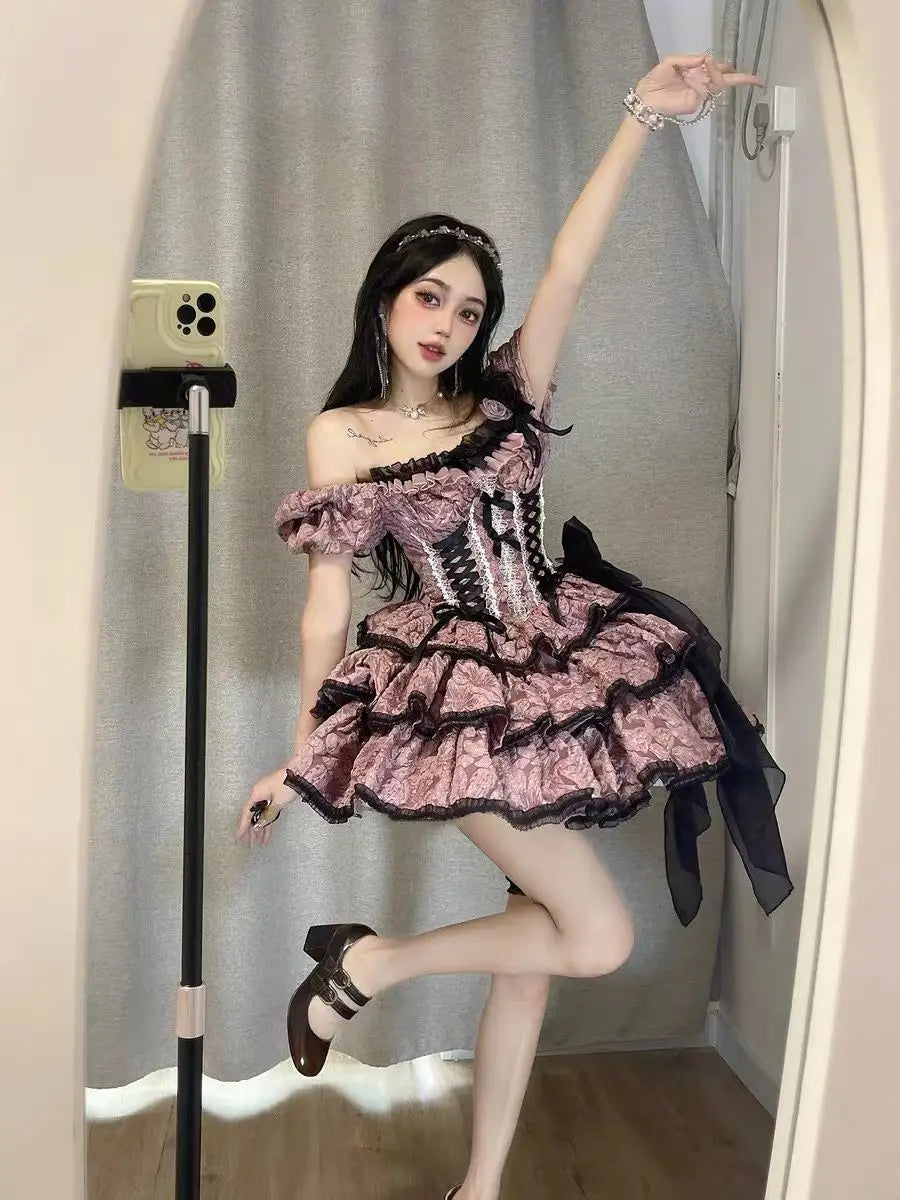 Dophee Original Lolita Flower Wedding Dress Set Gothica Black Pink JSK Dress Elegant Ruffles Mesh Spring Summer OP Dress