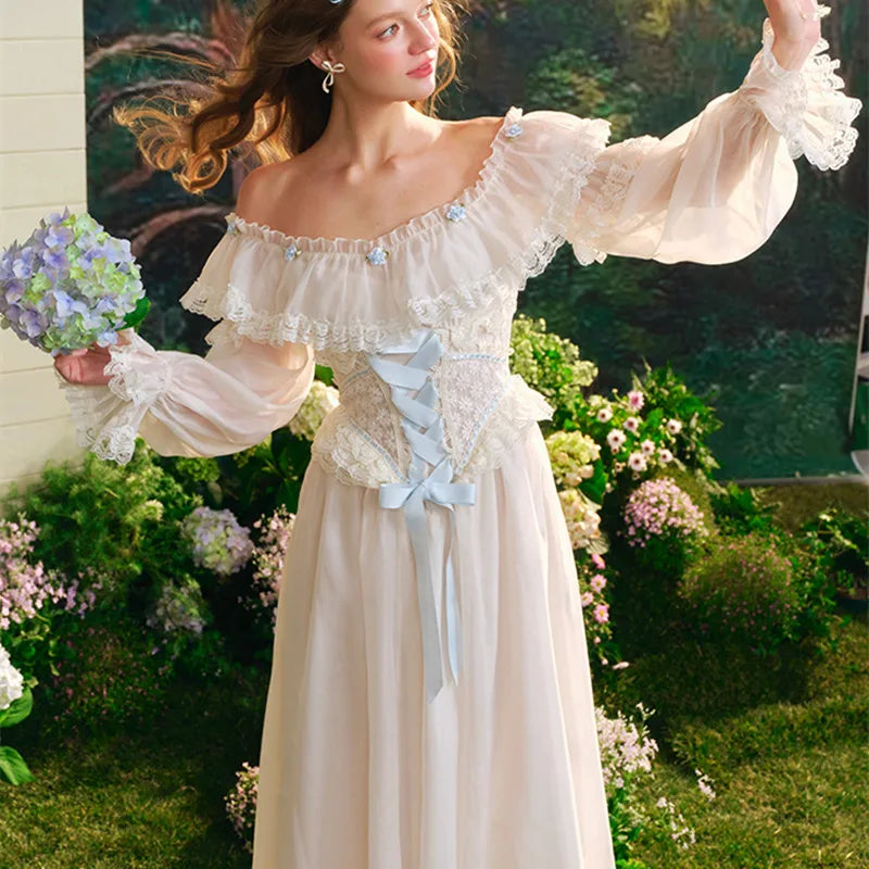 French Countryside Dress Full Lantern Sleeve Long Maxi Ladies XS-XL Vintage High Waist Lace Slash Neck White Lace Up 2025