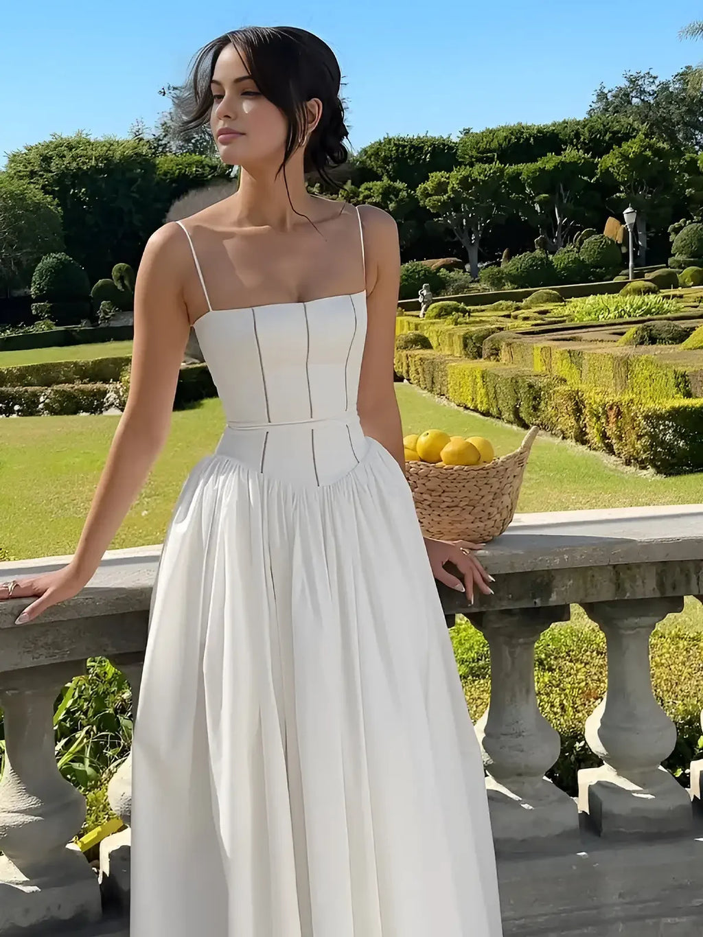 The Saint-Tropez Knotted Gown | French Corset-Detail Spaghetti Strap Mini | Flowy White Summer Beach Dress | Parisian Princess