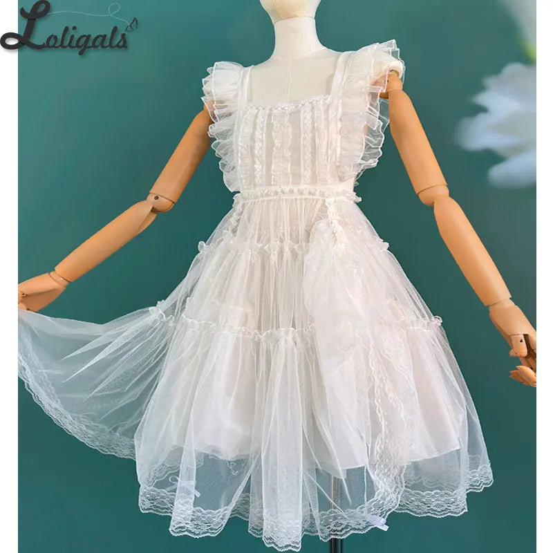 Sheer Mesh Lolita Cover up Dress Ruffled JSK Dress w. Lace Detailing