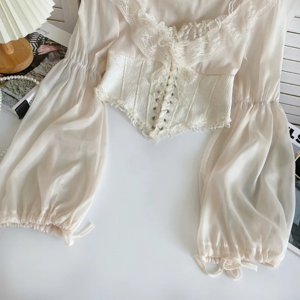 The Vivienne Lace Manteau | Parisian Ruffled Chiffon Blouse | French Mesh Patchwork Top | Lantern Sleeve Coquette Shirt