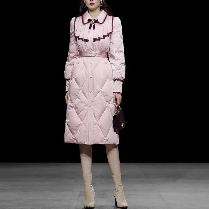The Grand Trianon Gown Coat | Parisian Longline Bow-Waist Puffer | Elegant Doll Collar Lace-Up Down Jacket | Parisian Princess