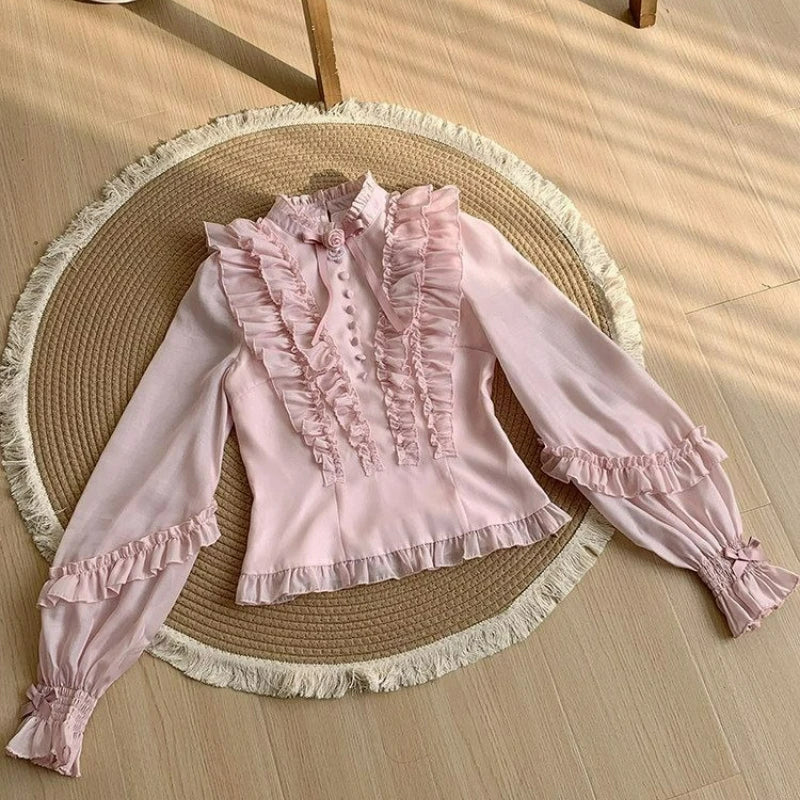 The Parisian Muse Ruffle Blouse | French Vintage Flare Sleeve Top | Elegant Slim Blouse | Parisian Princess