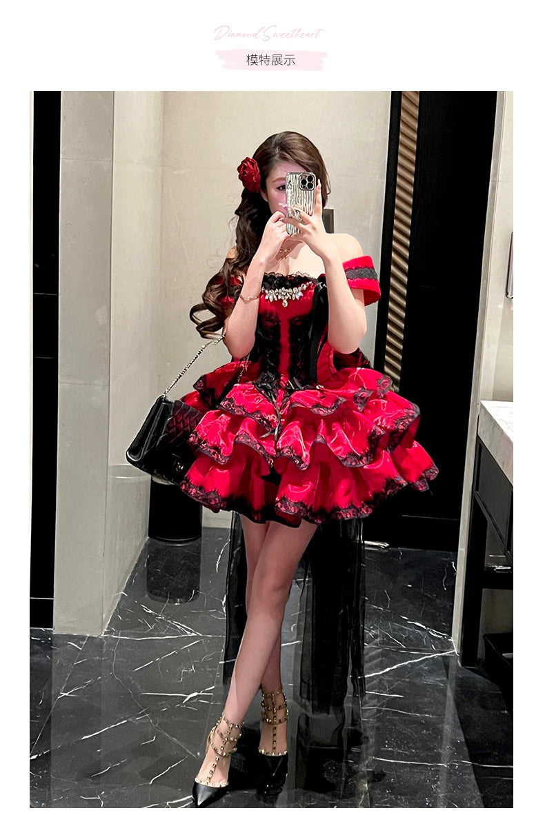 Princess Romantic Date Anniversary Wedding Party Pink Dress Girls Women's Sweet Lolita Halter Off-Shoulder Ball Gown Dresses