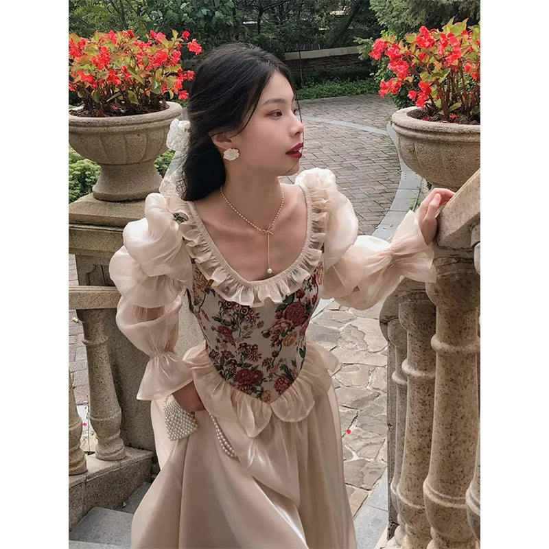 The Trianon Fairy Midi | Vintage Floral Puff Sleeve Prom Dress | Elegant Luxury Print Summer Gown | Parisian Princess