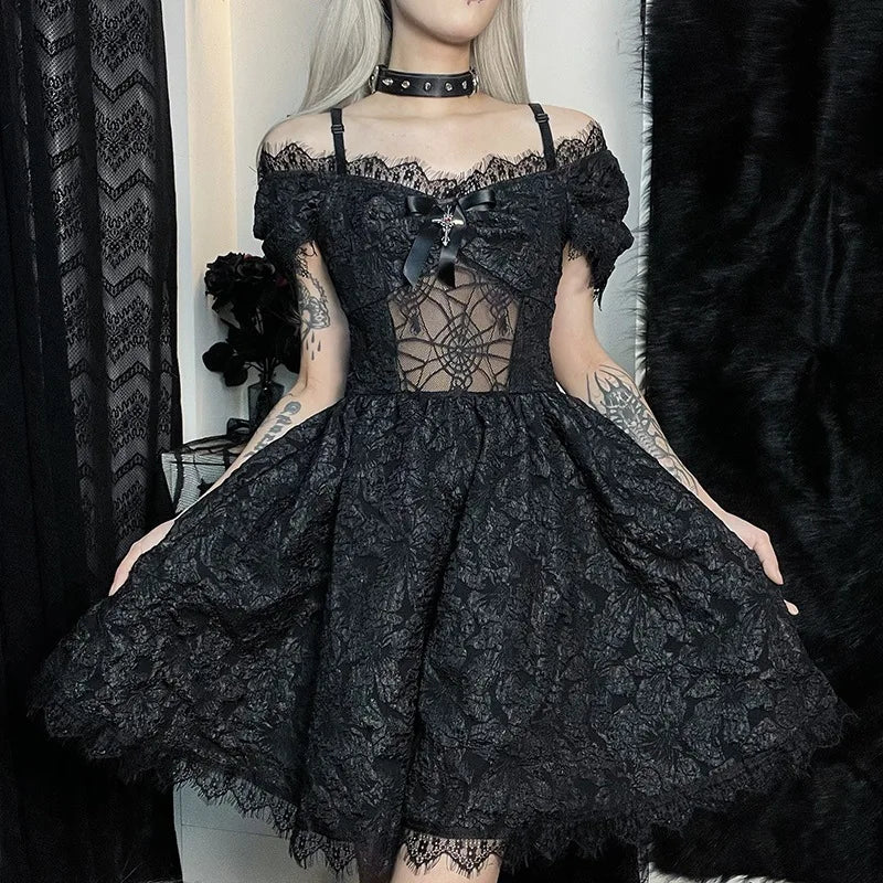 Gothica Lace Short Dress Women Cobweb Patchwork Short Sleeve Cold Shoulder Halloween Outfit Horror Ruffle Trim Costume