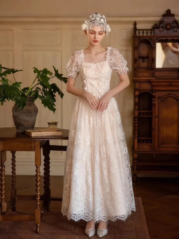 The Fresh Air Fairy Maxi | Summer Vintage Embroidered Lace Gown | Square Collar Empire Waist Puff Sleeve Gown | Parisian Princess