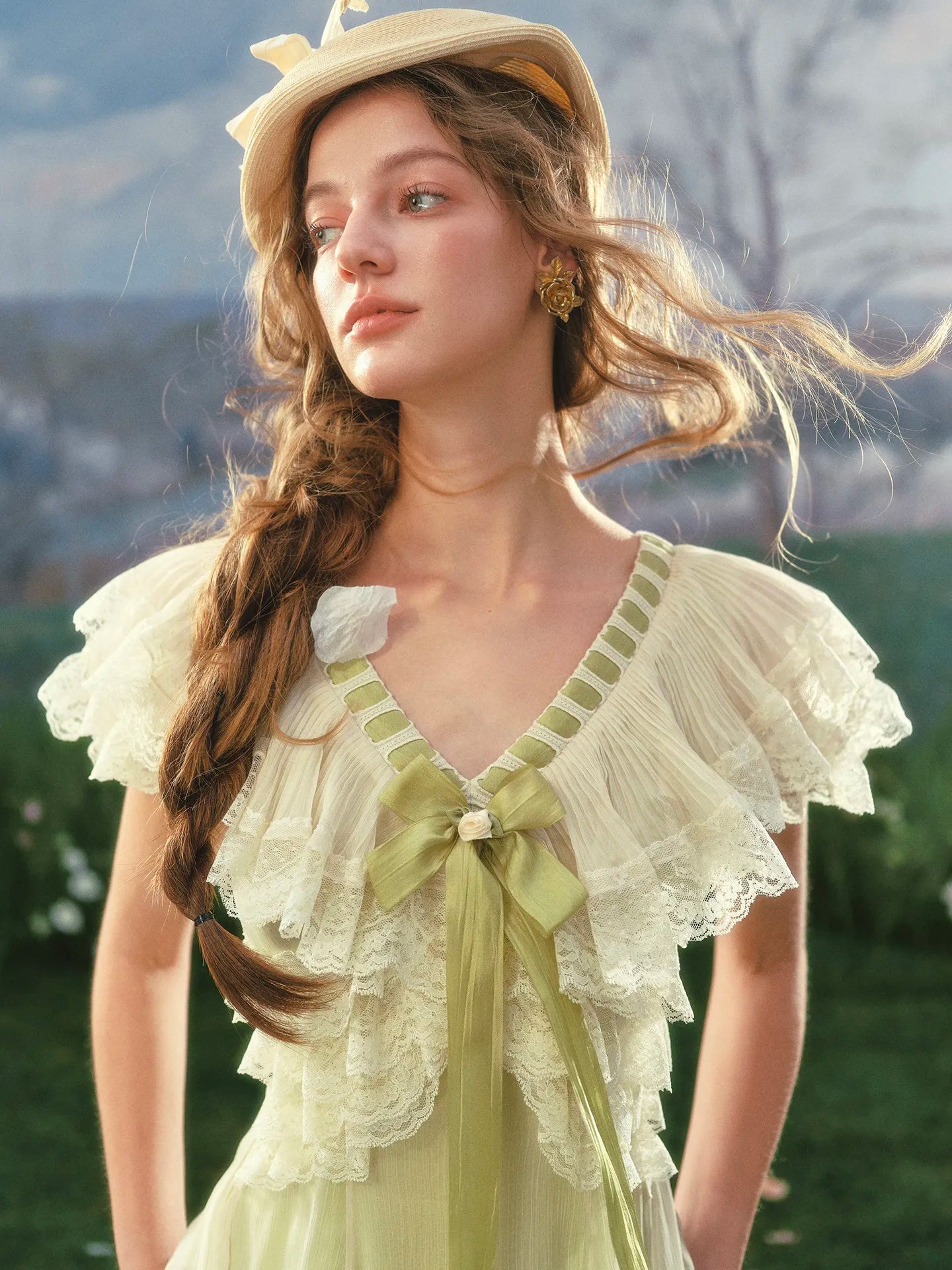 The Spring Meadow Butterfly Lace Gown | French Pastoral V-Neck Midi | Empire Waist Princess Dress | Parisian Princess