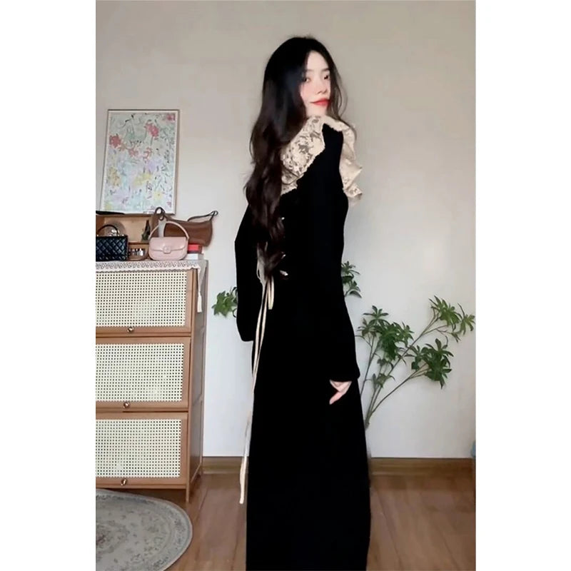 Vintage Lace Black Midi Dress Women Party Sexy Slash Neck Bandage Dresses Autumn Korean Elegant Long Sleeve Bodycon Vestidos New