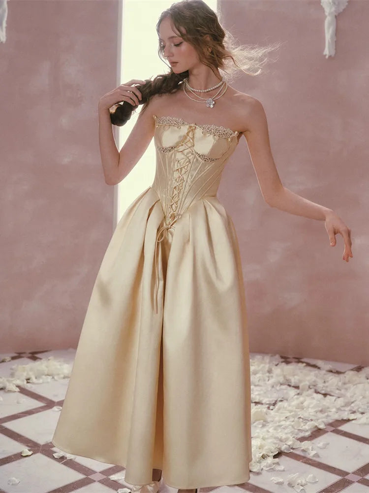 The Lemondrop Love Belle Gown | French Chic Elegant Slim Lace Corset Dress | Strapless Empire Waist Satin Maxi | Parisian Princess