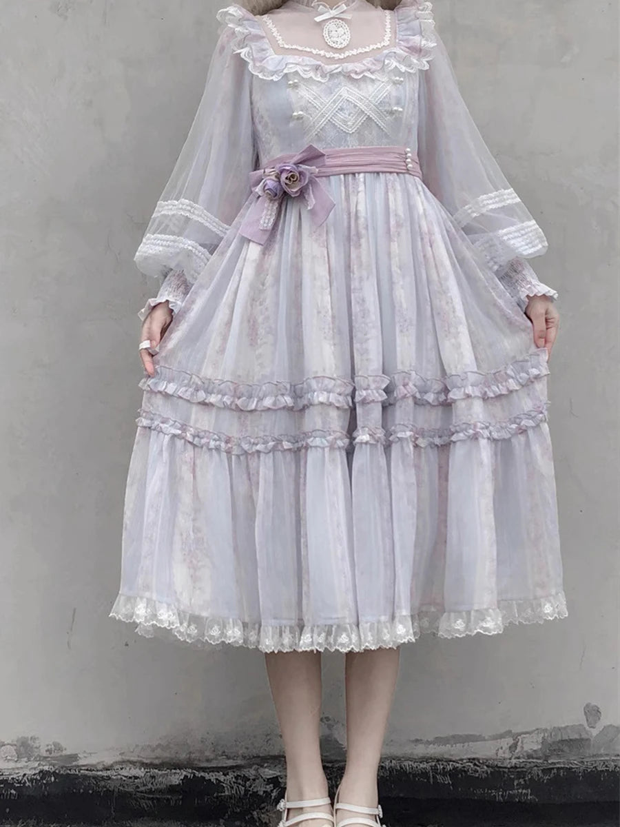 French Elegant Large Size Lolita Dresses Autumn Women's High Waist Slim Cla Princess Tea Party Long Sleeve Dress Vintage Dress