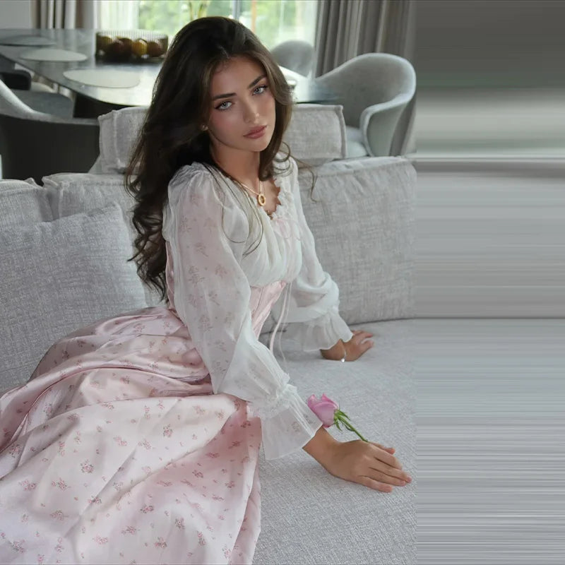 Elegant Sweet Pink Floral Print Princess Dress Off-shoulder Long Sleeve Ankle Length Prom Gown 2025 NEW Patchwork Fishbone Dress