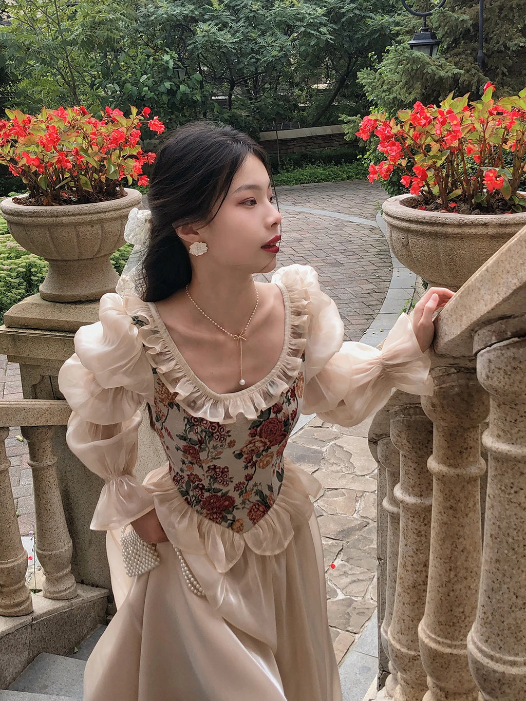 The Trianon Fairy Midi | Vintage Floral Puff Sleeve Prom Dress | Elegant Luxury Print Summer Gown | Parisian Princess
