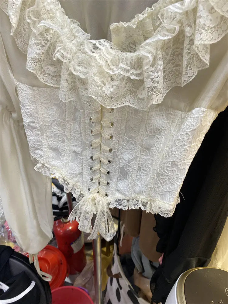 ParisianLace Strap Shirt Women Fashion Print Splice Temperament Gentle Sweet Solid Slim O-neck Spring Chic Female Top 2024