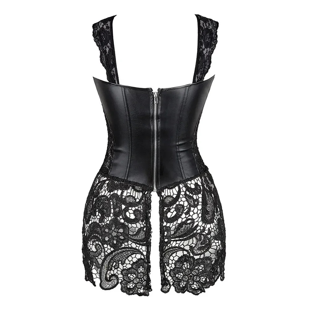 Gothica Corset Dress Women Gothic Sexy Faux Leather Zipper Bustier Lace Skirt Black Red Corselet Clubwear