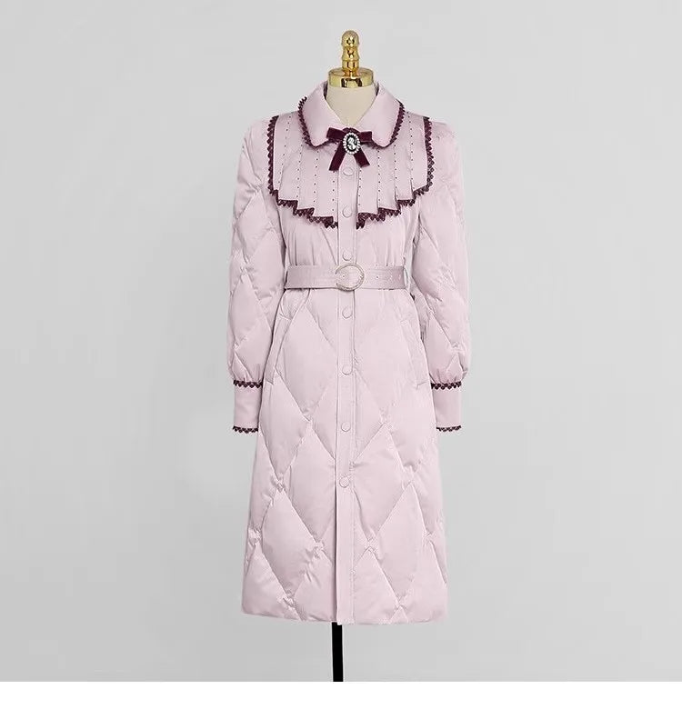 The Grand Trianon Gown Coat | Parisian Longline Bow-Waist Puffer | Elegant Doll Collar Lace-Up Down Jacket | Parisian Princess