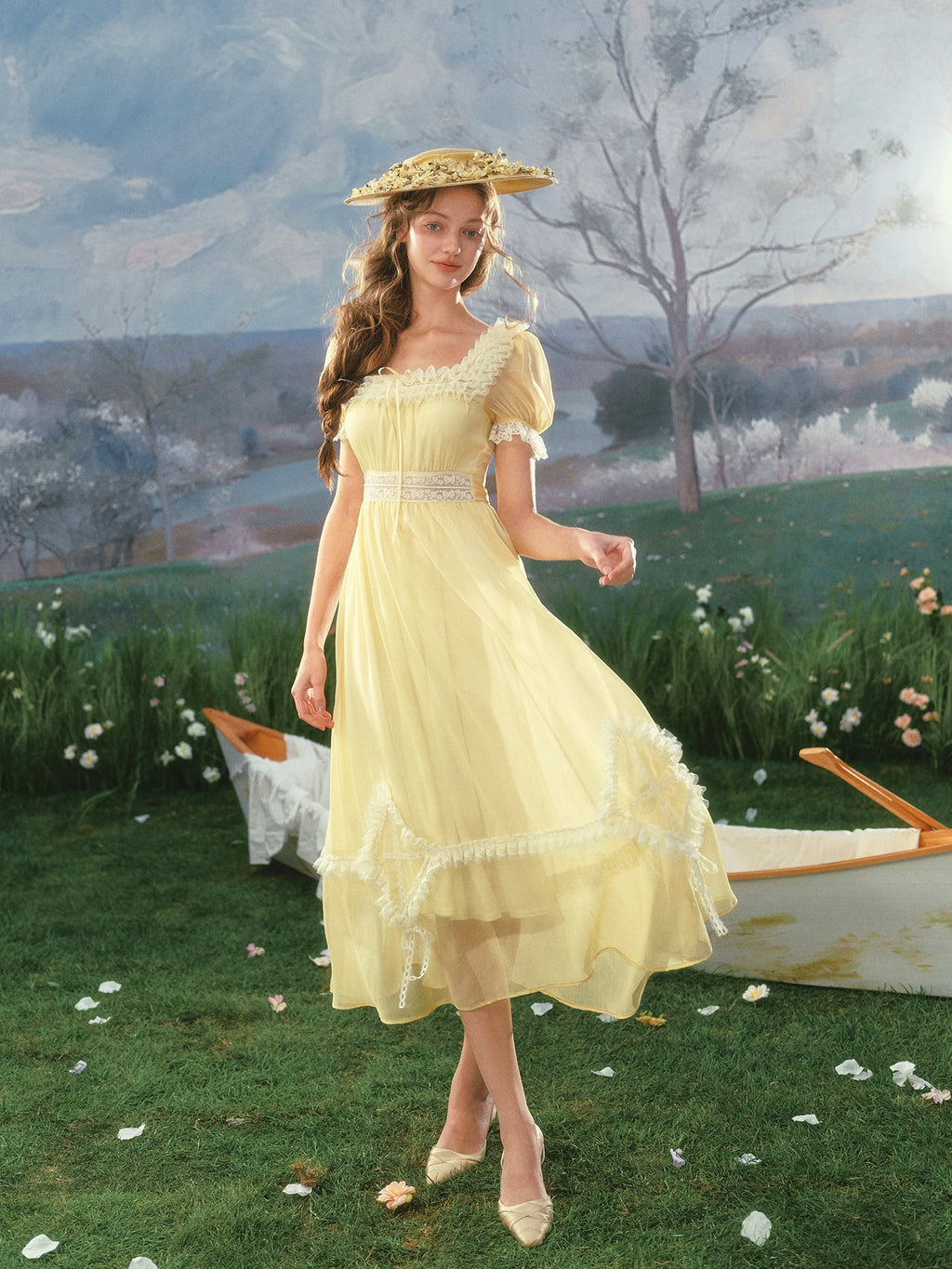 The Provence Lemon Lace Gown | Bubble Sleeve Countryside Midi | Waist-Cinching Princess Dress | Parisian Princess