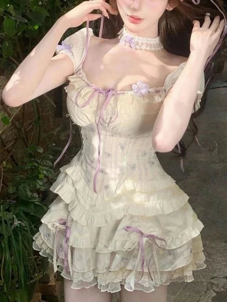 Sweet Parisian 2-Piece Dress Set Women Sexy Off-Shoulder Corset Tops + Mini Cake Skirt French Court Casual Parisian Chic Outfit New