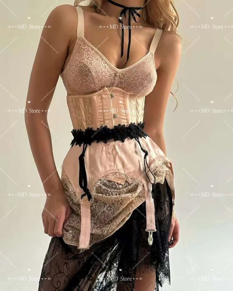 The Pink Contrast Noir Corset Dress | Vintage V-Neck Corset | Short Lace Celebration Mini | Parisian Princess