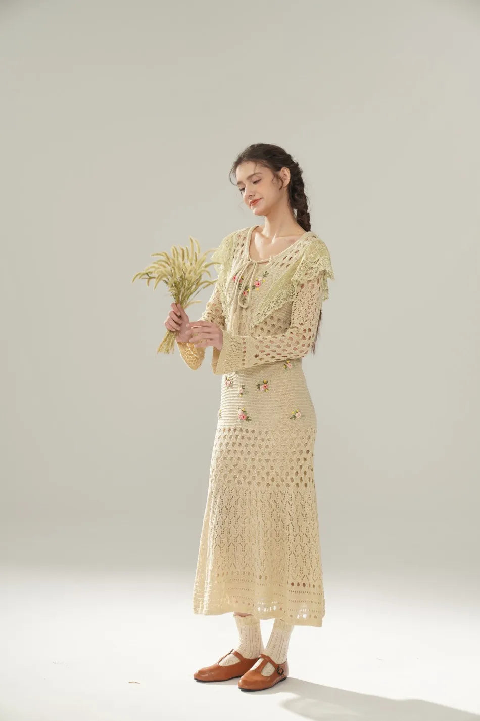 The Versailles Rose Knitted Fishtail | Hand-Embroidered Silk Blend Dress | French V-Neck Gown | Parisian Princess