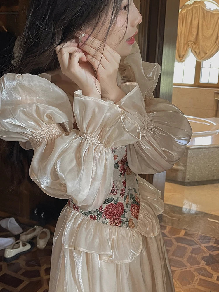 The Trianon Fairy Midi | Vintage Floral Puff Sleeve Prom Dress | Elegant Luxury Print Summer Gown | Parisian Princess
