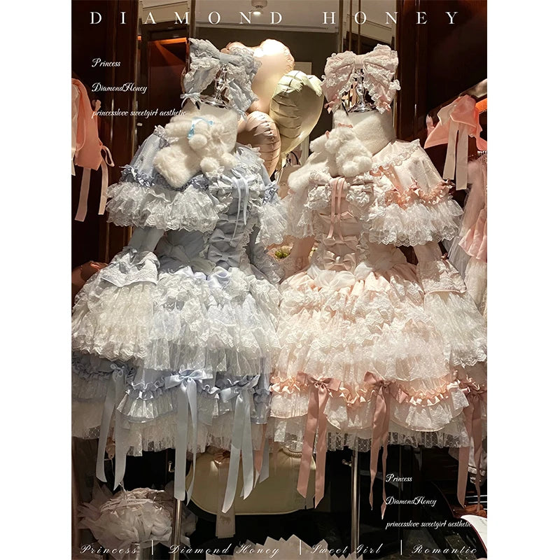 Pink Lolita Princess Dress Women's Bow Lace Heavy Industry Sweet Elegant Birthday Party Evening Dress Lady Suspender Dress Cloak