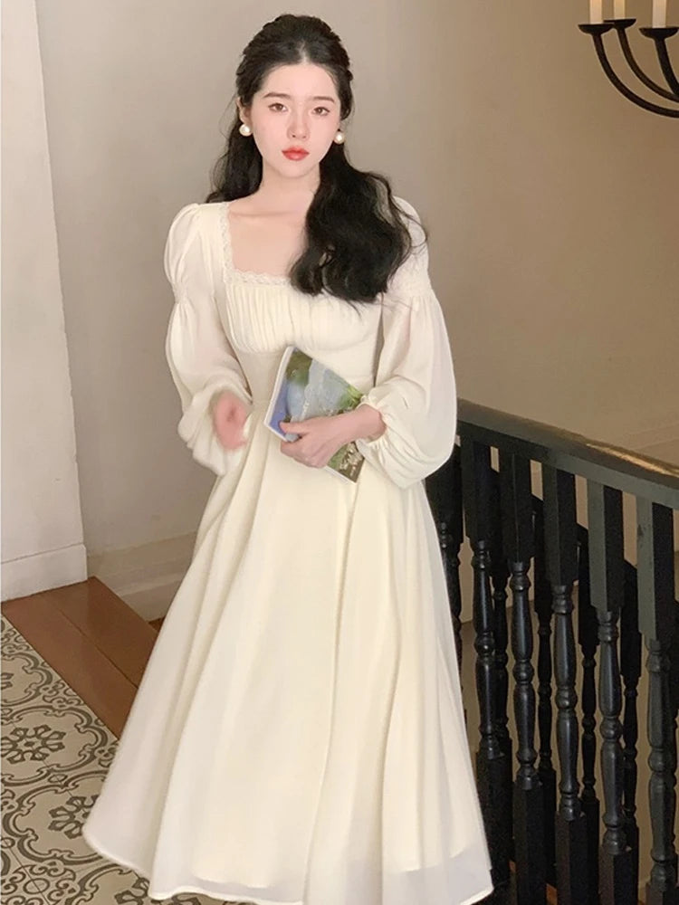 Parisian Princess French Elegant Lace Midi Dress | Slim Fit Empire Waist A-Line Winter Fairy Gown | Parisian Princess