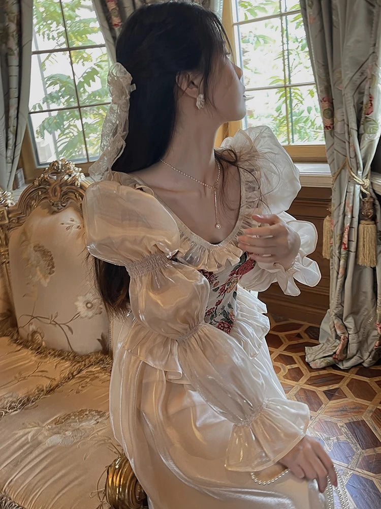 The Trianon Fairy Midi | Vintage Floral Puff Sleeve Prom Dress | Elegant Luxury Print Summer Gown | Parisian Princess
