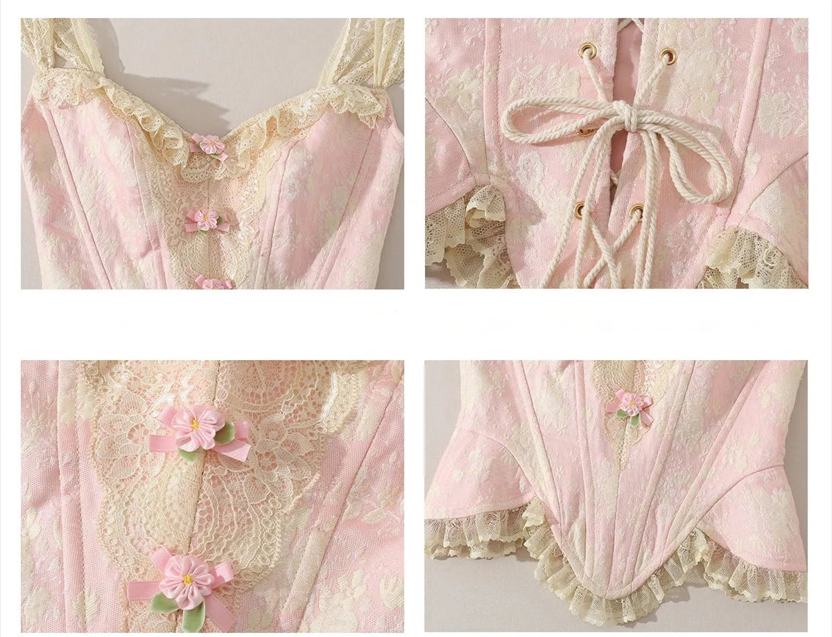 The Rosebud Versailles Lace Set | Pink Bustier & Shimmer Beige Maxi Skirt | Embroidered Two-Piece Gown | Parisian Princess