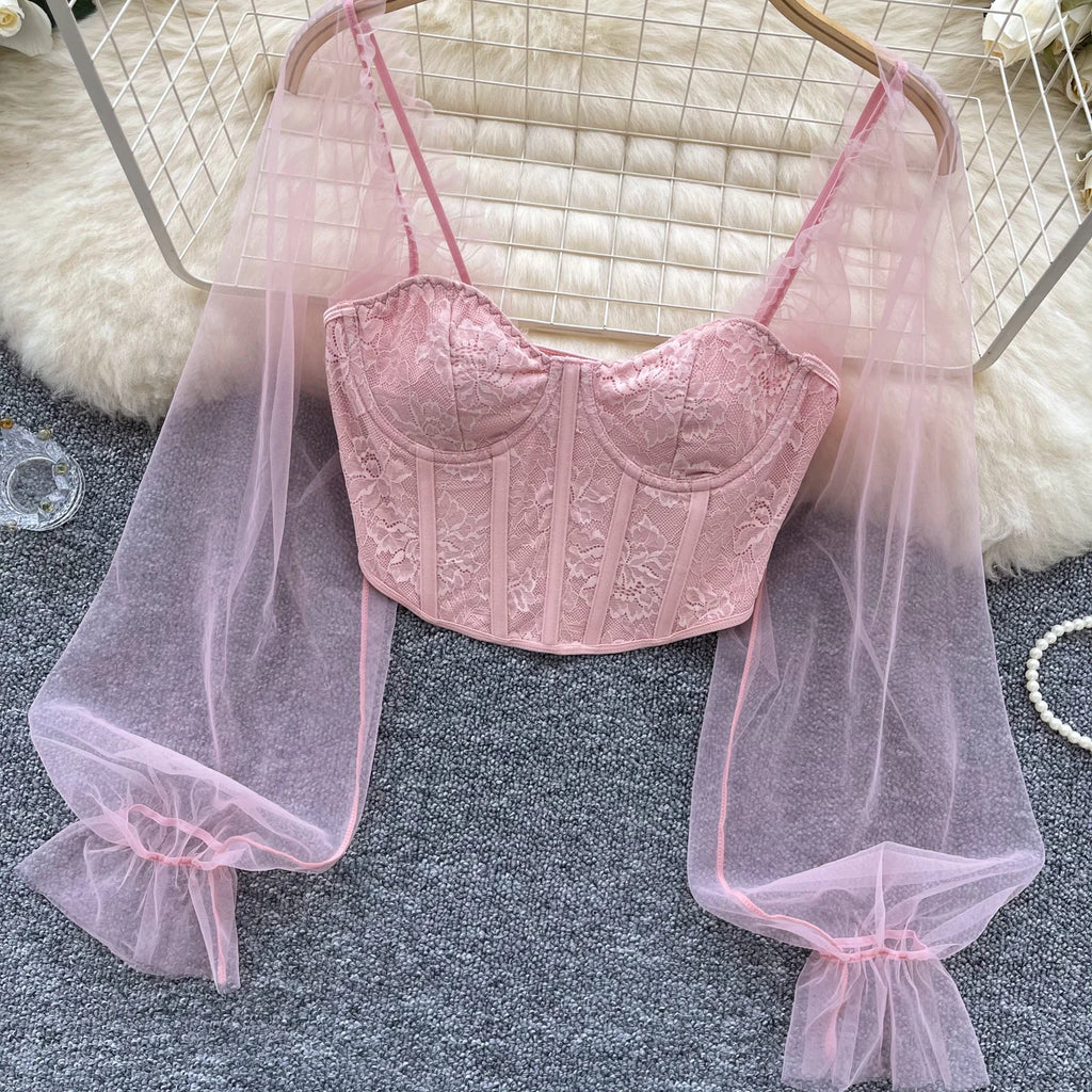 Women Chic Lace Mesh Sheer  Long Sleeve Backless Crop Top Solid Slim Parisian French Fashion Summer Women Shirt Square Collar