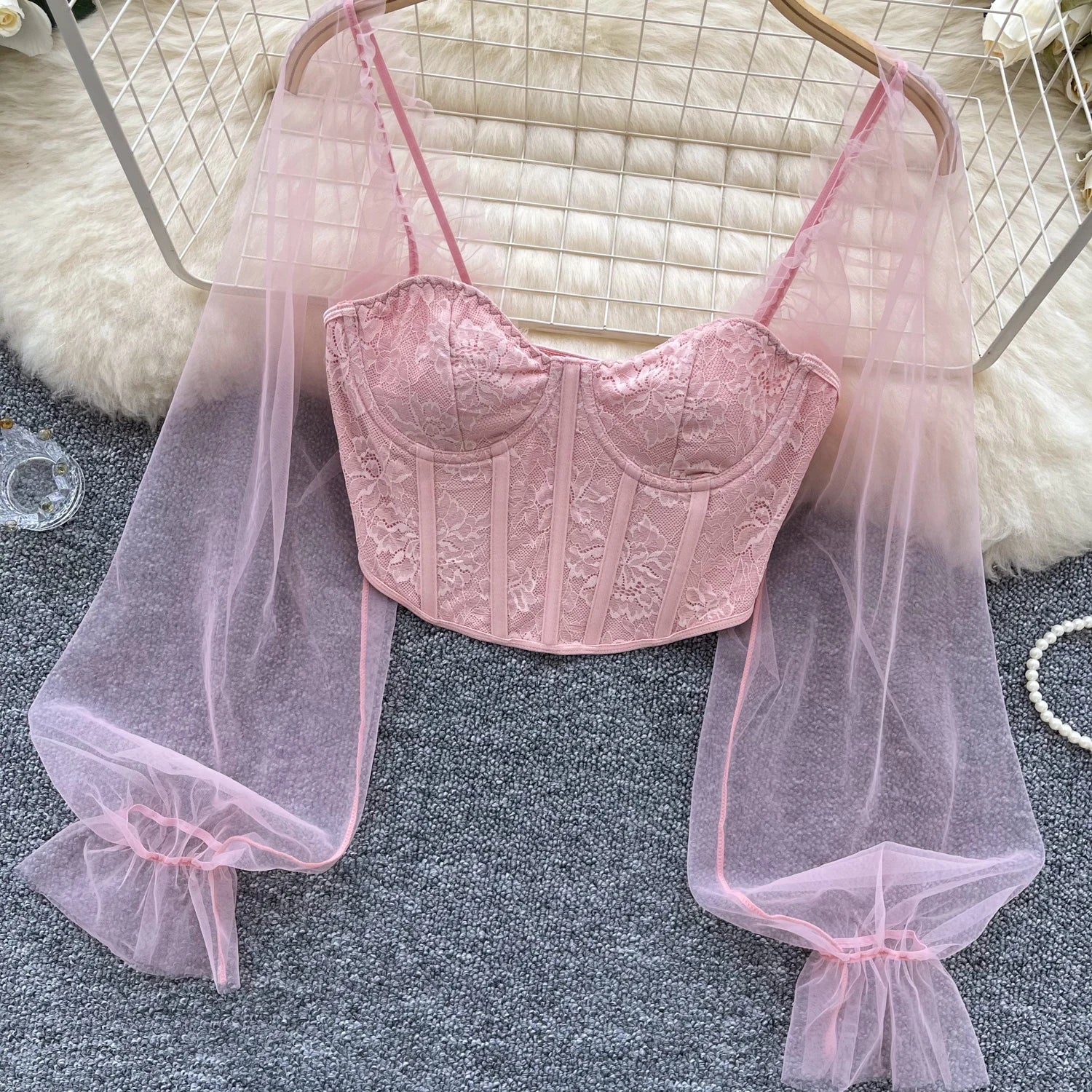 Women Chic Lace Mesh Sheer  Long Sleeve Backless Crop Top Solid Slim Parisian French Fashion Summer Women Shirt Square Collar