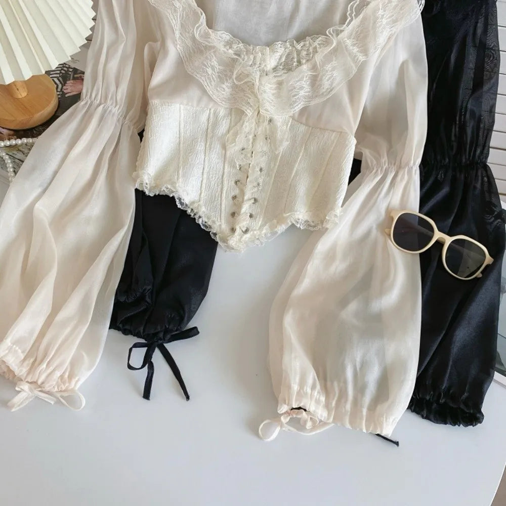 The Élodie Chiffon Manteau | Parisian Ruffled Lace Blouse | Retro Mesh Lantern Sleeve Top | French Riviera Vacation Blouse