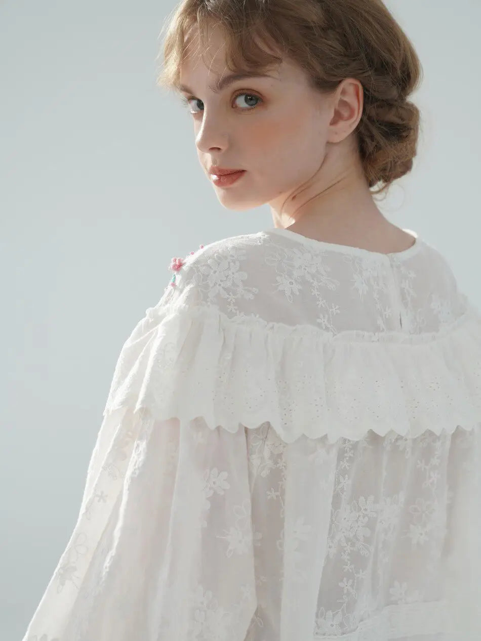 The Summer Floral Breeze Blouse | 100% Cotton Oversized White Top | Handmade 3D Embroidered Loose Lace Top | Parisian Princess