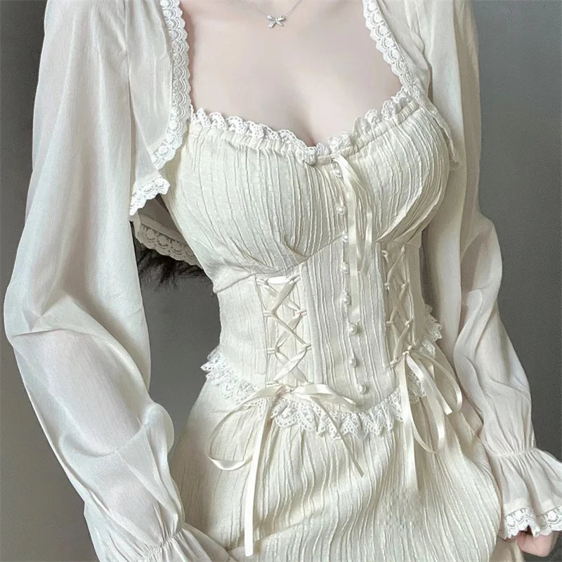 Women Office Casual Ruffle Dress Hollow Out Sleeve One Piece Dress Korean Summer New Fairy French Elegant Solid Mini Dress Party